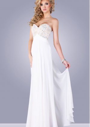 Strapless Ivory Lace Chiffon Beaded Cross Back Prom Dress